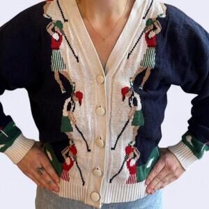 Navy and green golf button up sweater women's size 40
